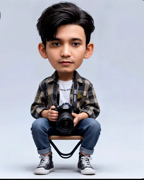 3D karikatur realistis nyata, kepala besar,seorang laki laki dewasa, berumur 30 tahun,berwajah Indonesia, rambut hitam undercut pendek rapi,mengenakan kemeja panjang motif flanel, dalaman kaos putih, celana jeans belel sedikit agak sobek,sepatu Converse,sedang berdiri sambil memegang sebuah kamera DSLR Canon di tangan nya,mata dan wajah menghadap ke arah depan, berlatar belakang putih,karikatur 3D realistis nyata