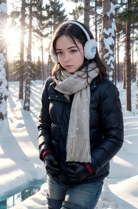 realistic, detailed face,20 year old white girl, film grain, movie lights,lens flare,Winter boots,earmuffs,scarf, Gloves,snow scene,Frozen lakes,frosted forest,snowy horizon,enlargement,