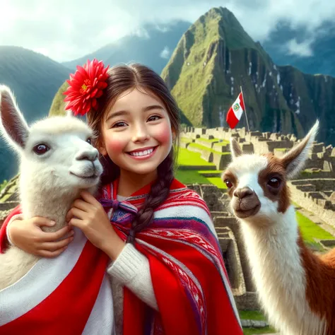 Arafed girl with a red shawl hugging a llama in front of a mountain, Yet, Adorable pintura digital, Atey Ghailan y Steve McCurry, Quechua!!, Quechua!, Hermosa obra de arte digital, 4 mil / 8 mil, 4k/8k, 4 mil post, 4k post, film still promotional image, maya 8 mil, Peru