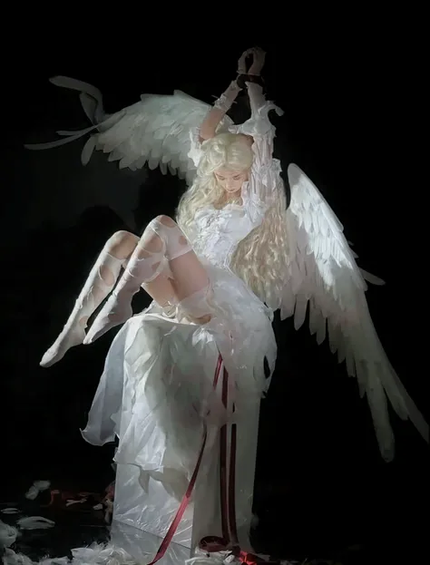 (best quality), (masterpiece), young woman, angel, ((, weak and tired eyes, tears, messy hair), (perfect body, perfect boobs, perfect thighs), (bruises and bloodstains on face and body, wounds and cuts, busted and bleeding lips), (wearing long white togas, ripped and torn clothes, bloodstains on clothes), (kneeling weakly, damaged and broken white furry wings), (cruel torture, gore, guro, horror and bloody), (dark, foggy and dusty, dark prison room), (high resolution, high saturation, ultra realistic, realism)