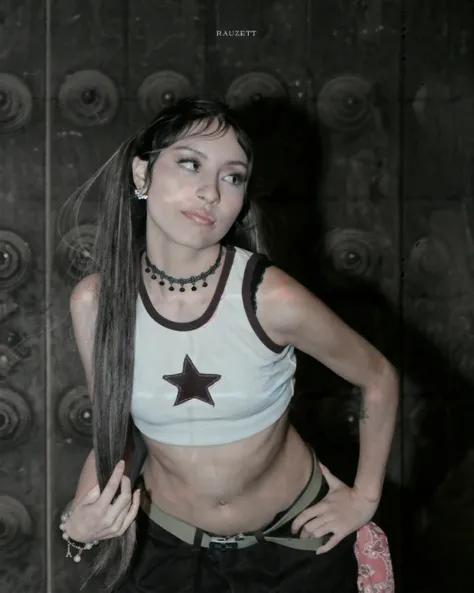 stylized artwork of soft filter. grunge filter. photorealistic. 8k. cinematic, very high resolution. maximum resolution. ultra realistic. unique beautiful face, realistic face, retro grunge photo ascetic. grunge japanese graffiti , full-body-tattooed black-dreadlocks cute sexy girl, in marijuana plants buds crop, skimpy small red gym outfit. sunset