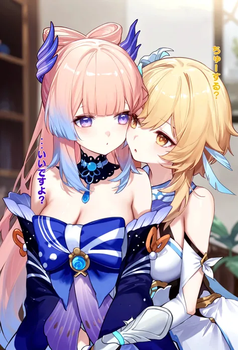 Anime characters wearing costumes and hats posing for photos, Translucent liquid comes from《Azure route》videogame, Ayaka Genshin impact, First God, azur lane style, 《Azure route》人物, ayaka game genshin impact, Capture the, granblue fantasy, change, video game genshin impact, Detailed pubic hair. Girl Front, kinematics