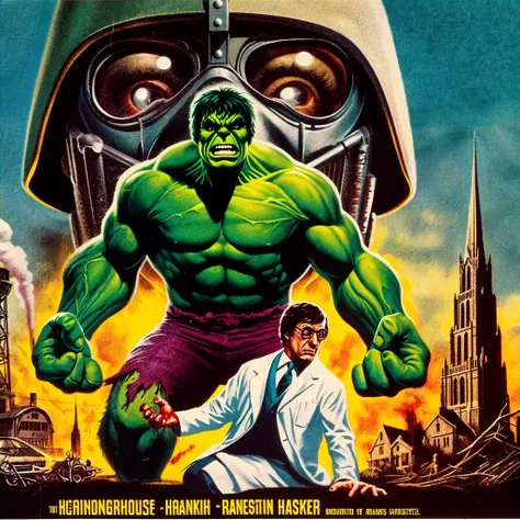 full body version, 1man, middle-aged, professor, short height, small legs, white coat, black pants, black eyes, black hair, loose hair, yellow skins, square head, beard, a symbol on his forehead, black handkerchief, Grassroots, (Has a pet orc with a robotic body, full body version, red skin, blue eyes)