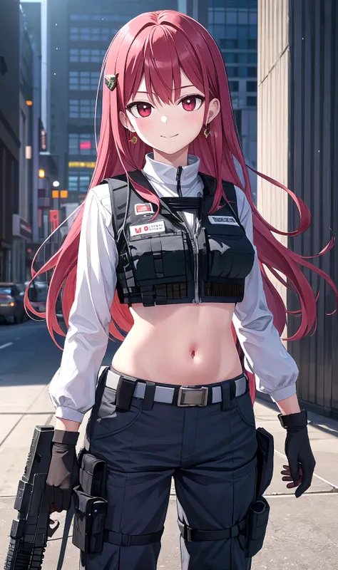 Police clothes, woman, red hair, black eyes, dynamic pose, serious, in the city