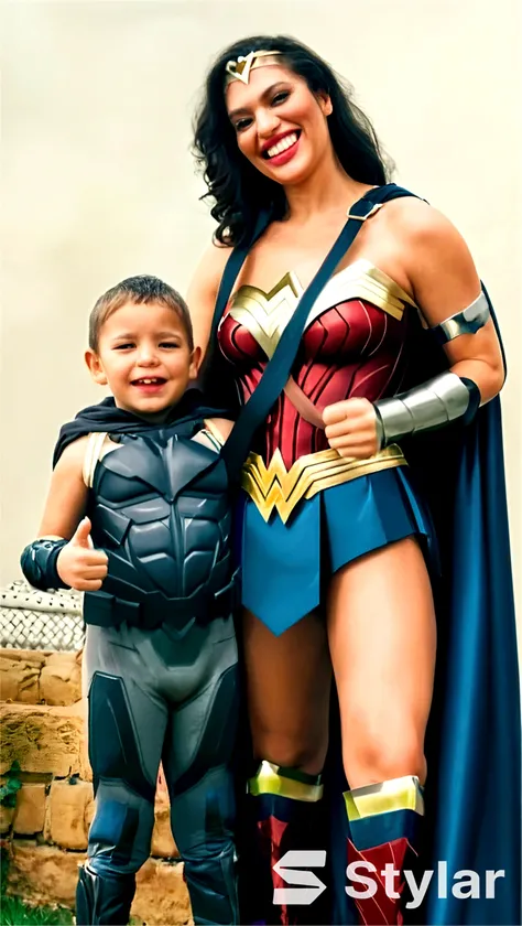 Give me a picture of Wonder woman sitting with a boy, sitting on a swing in a park