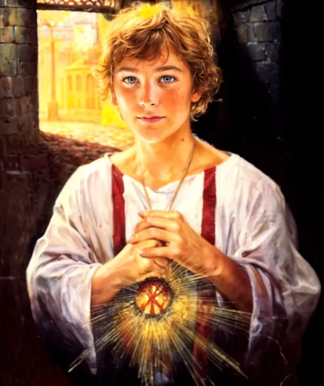 Saint Tarcisius is typically depicted as a youthful and innocent figure, embodying purity and devotion. He is shown as a boy, often around the age of twelve, with soft, rounded facial features that convey his youth. His complexion is fair, and his expression is one of serenity and quiet determination. He has large, expressive eyes that reflect both innocence and a deep sense of duty. His hair is usually short, curly, and light brown or blond, giving him an angelic appearance.

In many depictions, Saint Tarcisius is dressed in simple, modest clothing, often a tunic or robe that is plain and unadorned, emphasizing his humility. His posture is upright, sometimes shown in the act of protecting the Eucharist, with his hands clasped tightly around it, symbolizing his unwavering faith and courage. Despite his youth, his body language reflects a strong resolve and a deep sense of responsibility.