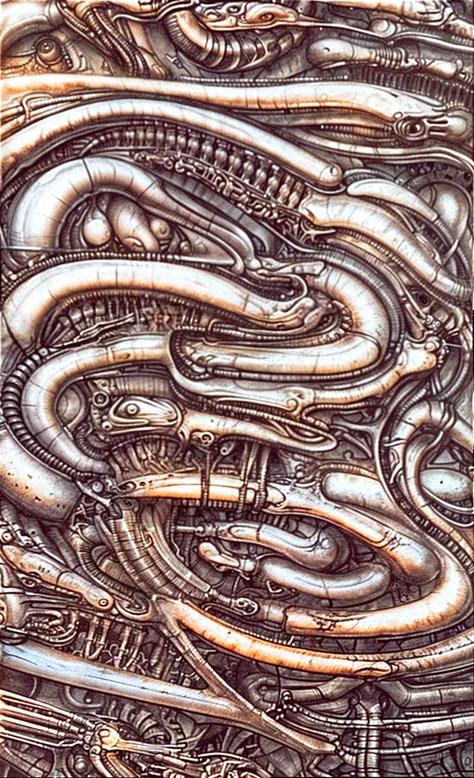 xGiger,  Tableau with some of the artistic techniques and compositional features used in /“Biomechanical landscape No 312/” by H r (Hans Rudie) Giger:
The image is a surrealistic artwork featuring an alien robotics humanoid figures, each with a unique design, surrounded with pipes and gears, set against a background of intricate machinery
The central focus of the image is a nightmarish tableau of two biomechanical heads. They are connected by a network of pipes and tubes that appear to be either feeding them or draining them. The heads themselves are elongated and skeletal, with gaping maws. Their eyes are empty sockets, and their expressions are vacant and emotionless.
 Heads are humanoid but industrial and ivorysh, with pipes and wires integrated throughout their structure. One face appears to be screaming, the other has its mouth open like a maw. They are surrounded by various mechanical doodads and tubes, and blend seamlessly into the background of industrial machinery.The biomechanical heads could have represented some kind of alien creatures, or they could have been machines that had become sentient
Used Airbrushing is a technique for applying paint using a device that sprays a fine mist. It is often used to create smooth, even coats of paint, and it can be used to create very detailed effects. Giger's use of airbrushing in this image creates a hyperrealistic quality to the biomechanical landscape, making it appear even more alien and unsettling. It is also often used to create very smooth and even gradients of color.
The use of a dark palette with blacks, purplish browns, and grays creates a sense of mystery and dread. The dark colors obscure the details of the image, making it difficult for the viewer to see what they are looking at. This ambiguity adds to the unsettling nature of the work. The dark colors also help to emphasize the biomechanical elements in the painting.
The background features even more machinery, including pipes, gears, and cables. 