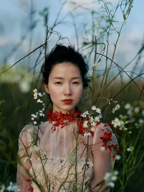 There is a woman standing in a field of flowers with a red bow - SeaArt AI