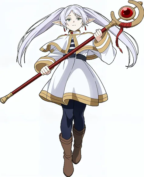 ((Freezing)), ((masterpiece)), (very saturated), (High resolution:1.3), (Professional photography:1.2), Wide Shot, (Cinema Lighting), One girl, alone, (Flat body), (smile), walking, beautiful, Fairy, Pointed Ears, Gray Hair, (Long twin tails), Green Eyes, White Dress, White Cape, ((A white aura emanating from her)), magic, (Kyoto), City Walking,Frielen,Live-action adaptation