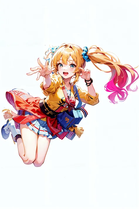an anime style cartoon drawing of a girl with high heels on the floor, 1girl, solo, Blonde hair, , ass, , breasts, shiranui mai, hosimiya ichigo, red eyes, looking at viewer, ponytail, open mouth, smile, long hair, simple background,Ichigo Hoshimiya (Aikatsu!),Shiranui Mai, Kunoichi Dress