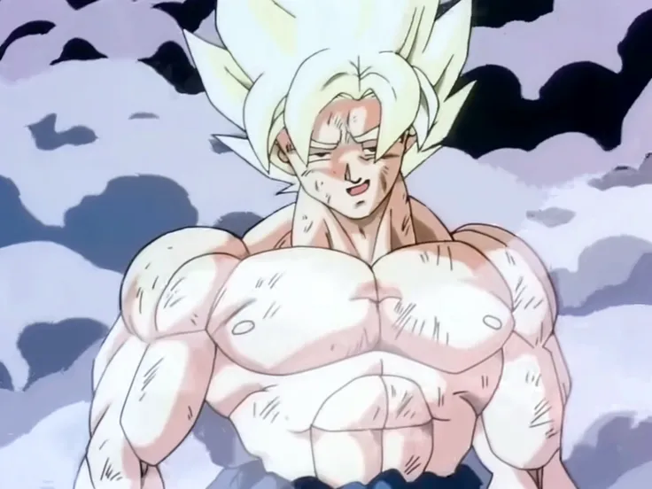 1boy, Vegeta, from Dragon Ball Z, masterpiece, best quality, very aesthetic, absurdres, saiyan, blue eyes, spiked hair, (yellow hair:1.5), standing up, good posture, shirtless, blue skintight pants, white gloves, (huge muscles:3.7), Dragon Ball Z artstyle, in the style of Akira Toriyama, white tiled floor, outdoor, flat-top mountains, Extreme Wide Shot, full pose, full body shot, (full body in frame:1), white boots with brown tips, (nipples:1.5), electricity
