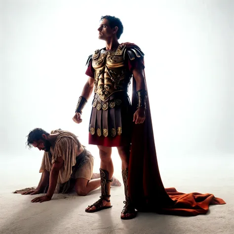 Portrait of a Roman soldier, thoughtful expression, strong bodie, looking at a dead imposing lion, blood on the ground, claw marks on arms and chest, sweaty hair, cloudy sky
