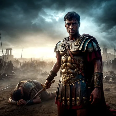 make a battle ground scene of greek ancient time fights going on and castles on fire and dark skies with vultures around. Then there is a middle aged greek warrior lying completely wounded and a spear wounding through his shoulder and blood, renaissance cinematic 