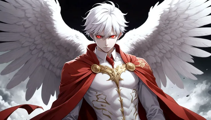 (masterpiece, best quality), A terrifying , full body, Male, Handsome features, Red eyes, Blood bath, Red Cloak, Aesthetic vibe, goddess, holy , Arch angel, Night sky, A big wand, colourful, Good facial structure, perfect.