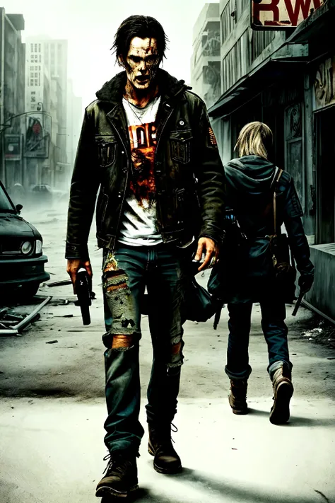 Make concepts art para um filme do dean winchester's blonde ,with black clotes and jeans,and torn,he is bleeding,and holding a gun!