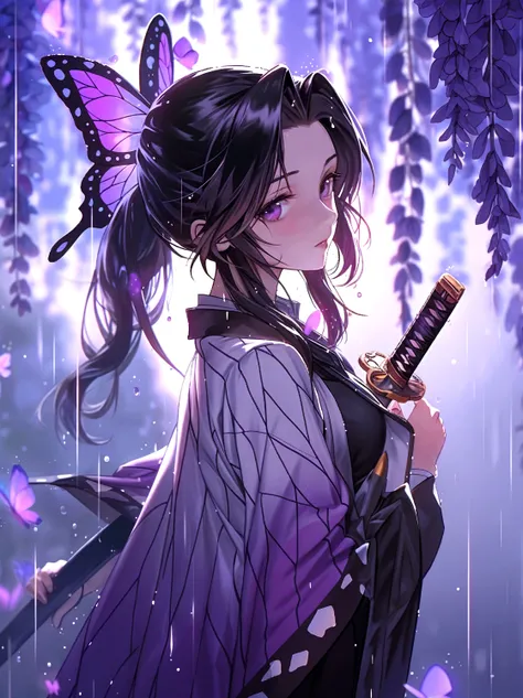 (Representative works: 1.2), (highest quality: 1.2), alone, One Girl, Shinobu Kocho, Smile, (school uniform, Black trousers: 1.4), On the face, Realistic eyes, Lilac eyes, Wet Face, Black Hair, (Loincloth: 1.4), Taisho era, Rear View, Show your ass