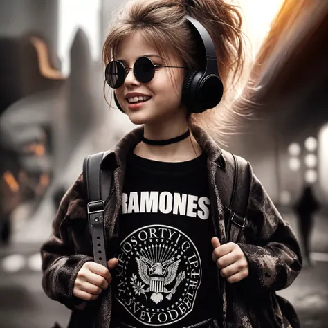 image of a kids girls blonde with sunglasses and a sign, halo on fire, heavy metal band promo,