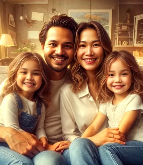Arafed family sitting on a couch in a living room - SeaArt AI