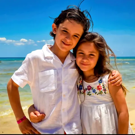 A long-haired toddler girl wearing a striped swimsuit giving her brother a hug, the two of them are standing on top of a rock in front of the beach.