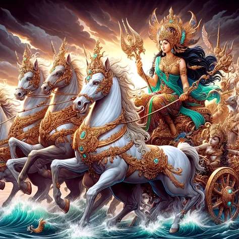 A golden carriage being pulled by 4 white horses, a Javanese woman sitting in the carriage, a beautiful woman with a charming smile, long hair, wearing a small gold crown, jasmine rojce hanging down her chest from ear to chest, wearing a green camisole (kemben), lots of gold jewelry, The yellow shawl, gold obi, lots of jewels, white batik finger cloth with a parang motif, looks like a very beautiful queen. The train runs on the sea between the waves.Background of sea waves rain lightning and storm HD,4K
A golden carriage being pulled by 4 white horses, a Javanese woman sitting in the carriage, a beautiful woman with a charming smile, long hair, wearing a small gold crown, jasmine rojce hanging down her chest from ear to chest, wearing a green camisole (kemben), lots of gold jewelry, The yellow shawl, gold obi, lots of jewels, white batik finger cloth with a parang motif, looks like a very beautiful queen. The train runs on the sea between the waves.Background of sea waves rain lightning and storm HD,4K