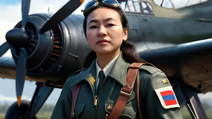 best qualtiy，Battlefield scene under fire，photograph realistic，highly  detailed，tmasterpiece，hyper-detailing，in a panoramic view，1 rapariga，Officer uniform，Shooting，dynamic angle，Masterpiece Theatre of the World，cinmatic lighting，dunhuang_Style