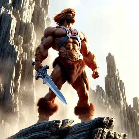 "realista, ((Altamente detallado:1.3)), He-man con barba del castillo , noche , Poca luz, Angle Dynamic."