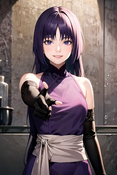 anime girl in purple dress with black gloves and gloves, misato katsuragi, hinata hyuga, with index finger, anime style like fate/stay night, fine details. girls frontline, anime visual of a cute girl, from girls frontline, seductive anime girl, female anime character, anime character, yuyushiki, portrait ninja gaiden girl