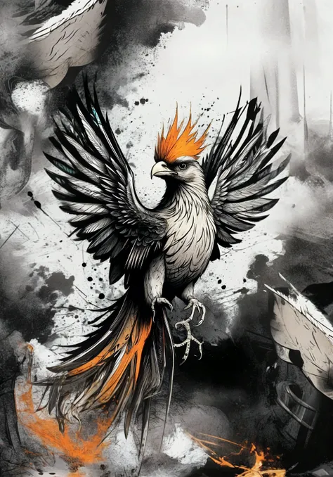 best quality, masterpiece, cute phoenix with fiery rebirth, intricate details, whimsical, magical, <lora:[XL]Sumi-e:1> sumi-e