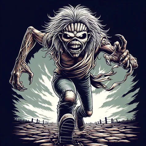 masterpiece, top quality, best quality, highest quality, highest detailed, Simon Stlenhag Style, hmvi style, close up, Ink art of a monster, dressed as a fisherman in a rowboat, on a lake, at night, iron maiden poster 1988, full-color illustration, an airbrush painting