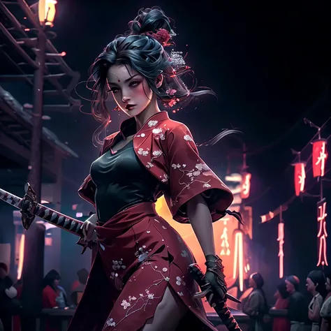 black hair, battle worn, samurai, pretty girl, delicate face, beautiful girl, hot body, hot girl, holding katana, under the moonlight, long hair, floating hair, dilated pupils, eyebrows behind hair, ringed eyes, holding breath, soft smile, face paint, scars on face, Surrealism, ray tracing, reflection light, motion lines, blurry foreground, night time, perspective, panorama, Canon, Fujifilm, 8k, super detail, best quality, UHD