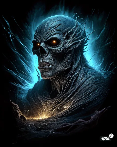 Awe-inspiring painting of Awe-striking A ghastlyhorrorCore, frost mummy face, dramatic scene, wind, titanic scene, centered, approaching perfection, dynamic, highly detailed, artstation, concept art, smooth, sharp focus, illustration, art by brian froud and Carne Griffiths and Wadim Kashin, graffiti airbrushing techniques, high definition, accent lighting, contrasted with bright paint colors, by Squal92i, Broken Glass effect, no background, stunning, something that even doesn't exist, mythical being, energy, molecular, textures, iridescent and luminescent scales, breathtaking beauty, pure perfection, divine presence, unforgettable, impressive, breathtaking beauty, Volumetric light, auras, rays, vivid colors reflects