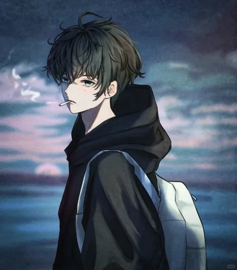 beautiful young man, brown hair, short hair, yellow eyes, blue quilted coat, cigarettes, night, cigarette,high quality, Amount to draw, pixiv illustration