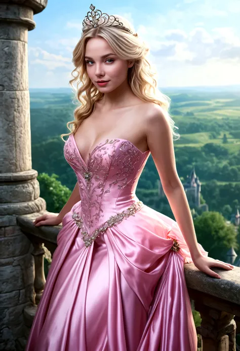 blond woman in Pink Dress posing on balcony with castle in background, Beautiful Princess, Romance Fantasy Movies, beautiful Princess, Beautiful woman princess, Wearing a pink ballroom dress, Portrait of a Princess, Fantasy Dress, Magali Villeneuve」, Blonde Princess, Magali Villeneuve
, dressed in a Pink Dress, Pink Dress, Elf Princess, medieval princess, very long eyelashes,  corset under rhe dress, very tiny waist, small waist, makeup glitter