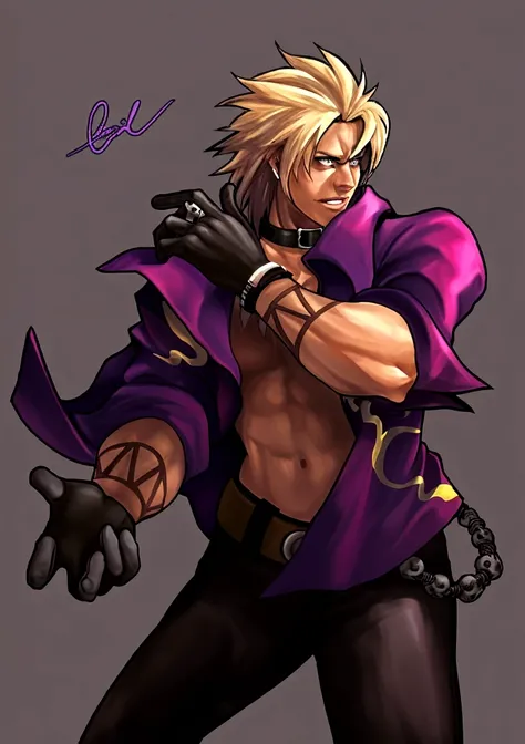 "Living sculpture, perfectly shaped body, multicolored hair, just like Yugi's from Yu-Gi-Oh! Broken chains adorn necks and wrists, in a great magical and adventurous hall." In the background a red magic in a glowing circle, vibrant color, reflective shadows