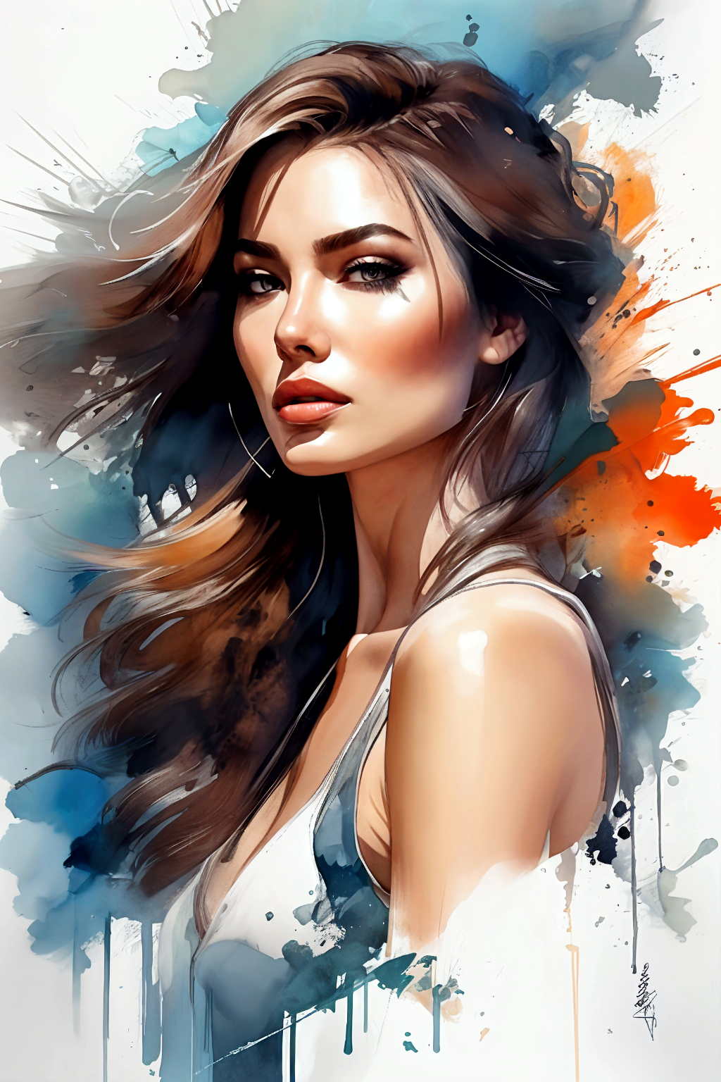 A painting of a woman with long hair and a white top - SeaArt AI