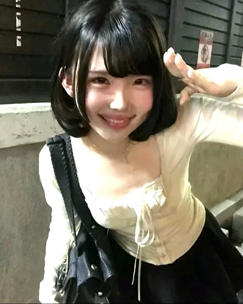 nsfw。pretty girl、Round face、Baby Face:1.6、１０A woman in her 20s with black hair and a short bob。naked。Making a peace sign with both hands near his face。Mouth wide open。Sticking out tongue。Cross-eyed。Looking up。Spreading her legs。