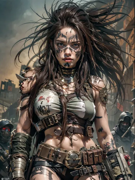 1 sexy post apocalyptic Cyberpunk girl, close up cowboy shot, big breasts, ((tattoos on (breasts))), ((skin smeared with dirt, ((oil)) and blood stains)), wound on body, arms and shoulders covered with rusted metal armor, detailed angry Asian face, (NSFW), futuristic, mechanical aesthetics, complex machinery, high-tech futuristic (ruined post apocalyptic) Cyberpunk city in the background, virtual engine 5, cinematic lighting.