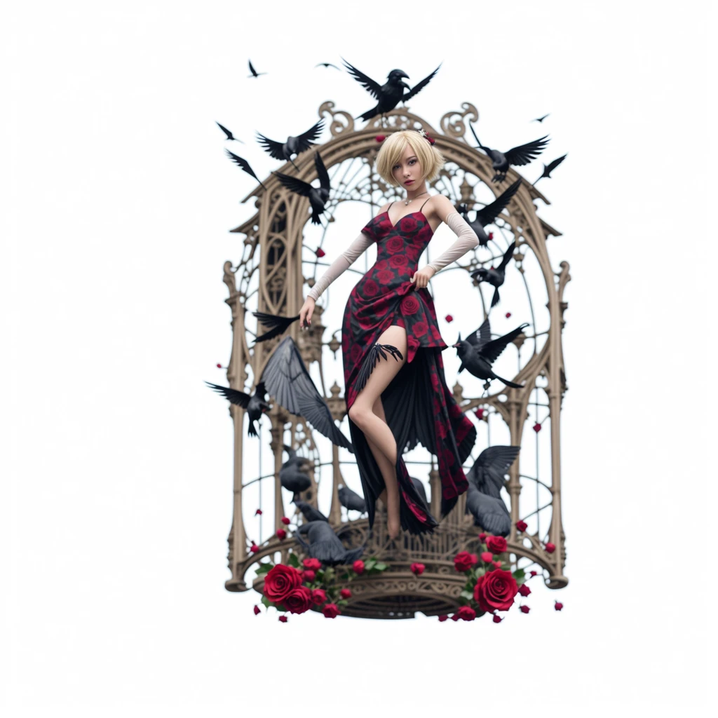 masterpiece, best quality, cinematic photo of Masterpiece, Best Quality, Highest Resolution, Two-dimensional Character Design, Anime Character, Raven Queen, Blonde Short Hair, White Skin, Sexy, Cool and Glamorous, Flying Crow, Metal Birdcage Background, Rose Stone Table, photograph, film, highres