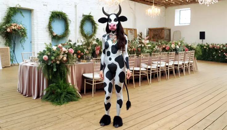 ((best quality)), ((masterpiece)), (detailed), perfect face, woman inside a (cow fursuit), living room, transformation, fullbody inside the costume, except her face, (((human face))), (cow lower body), fox vagina, she wears on her upper face a (venetian mask), human lower face, (full body image), long hair, eye mask, human eyes
