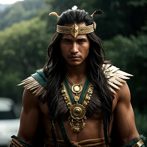 Aztec jaguar warrior, dark as bronze, detailed muscles, dressed in his battle attire, he gets ready with all his clothing to go out to fight for his community. Exquisite image, high definition, fine details in clothing, fine details in background, fine details in facial expressions.