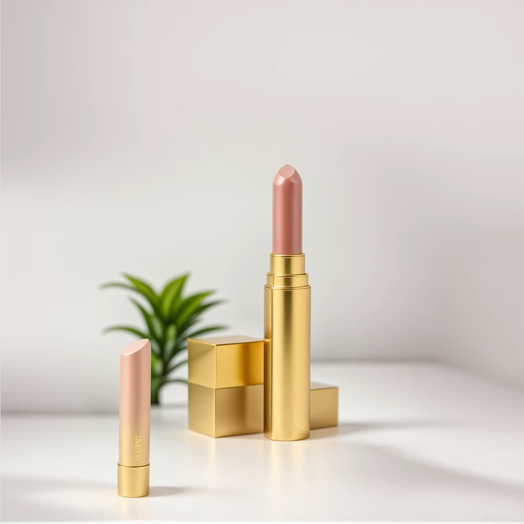 masterpiece, best quality, cinematic photo of Gold gradient matte texture packaging lipstick, photography light, product photography, ecommerce images, photograph, film, highres