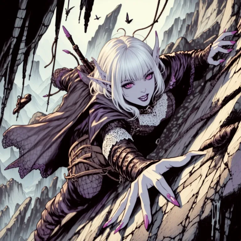 best quality, highres,(ultra-detailed face), (Fantasy Illustration with Gothic & Ukiyo-e & Comic Art.), (A middle-aged dark elf woman with white hair, blunt bangs, bob cut, and dark purple skin.), (Her eyes are lavender in color.), (She wears a lacy leather dress and cape.), (Wide open mouth.), (Steep rocky mountains in the background), (Brown leather backpack with arrows and rope on back.)