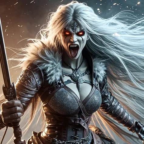 (masterpiece:1.2), (best quality:1.2), perfect eyes, perfect face, perfect lighting, 1girl, mature female, long white hair, pompadour cut, thick braids, vibrant blue eyes, barbarian_woman, scars, markings, armor, fur, thighhighs, skindentation, muscular, toned, fantasy, detailed outdoor background, yelling, shouting, screaming, spittle, drool, anger, fury, mad, destruction, thunder, thunder storm, dramatic lighting <lora:barbarianWoman_v10:1>