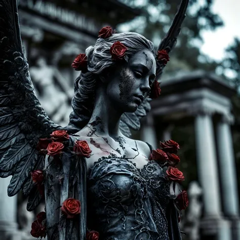 masterpiece, best quality, topless scared sinful angel with a large nipples under a sheer nightdress, kneeling pose, gold hair, looking at viewer, adult, holding red roses, ancient cemetery, horror
