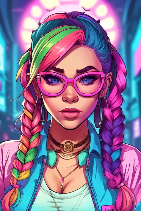 Light Projection,a portrait of a beautiful woman painted on wall with light,stunning beauty,soft light, pastel colors, muticolore hair, punk, line art,simple background, modernism, glowing lips, piercings, lips closed, light smile, masterpiece, natural style, braids, neon, detailled iris, rich woman, big glasses, nerd