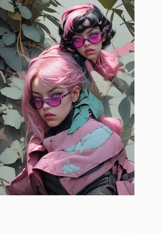 digital artwork of full body, post-apocalyptic wasteland with advanced technology Creative Fabrica:1.7)), ((1 girl in leather jacket looking at camera, pink sunglasses perfect and detailed face: 1.3)), light torn and frayed jeans, ( (pink, cyan, brown, green, white colors: 1.5), epic desert setting, best quality, highres, 4k