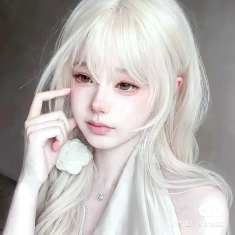 un primer plano de una mujer con cabello largo y rubio y un collar, pale porcelain white skin, pale skin curly blonde hair, parque roseanne de blackpink, maquillaje popular de corea del sur, pale porcelain skin, very very pale blonde hair, cabello rubio y ojos grandes, maquillaje coreano popular, ava max, pelo largo y rubio y ojos grandes, Lalisa Manobal
