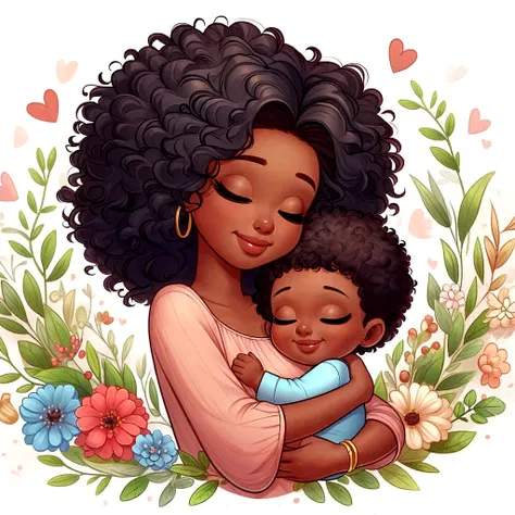 Postcard on an International Mother's Day, beautiful colours, nice picture of a Mother and her kid, flowers in background.she wearing a beautiful white dress with a strip of Ethiopian flag.her skin is less darker 