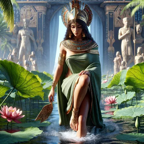 Ultra hd, beautiful detailed eyes,beautiful detailed lips,elegant and graceful,regal and majestic pose,powerful,(egyptian goddess:1.1),(divine figure:1.2),(voluptous body),((small breasts)),intricate and ornate jewelry,elaborate golden headdress,[hieroglyphic motifs],[lotus flower symbols],[sandstone statues],vibrant colors,soft and warm lighting,meticulous attention to detail,realistic and lifelike,artistic masterpiece,high-resolution image, ((wading in the river nile))