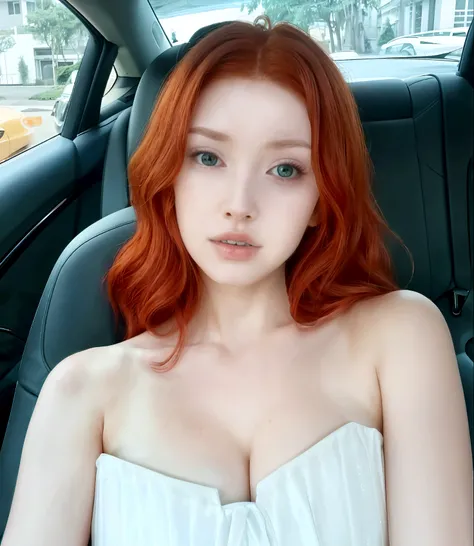 arafed woman in a white dress sitting in a car, amouranth, better known as amouranth, eleanor tomlinson, with red hair and green eyes, red haired goddess, with pale skin, red head, red hair and attractive features, she has red hair, beautiful redhead woman, yelena belova, young beautiful amouranth, short redhead